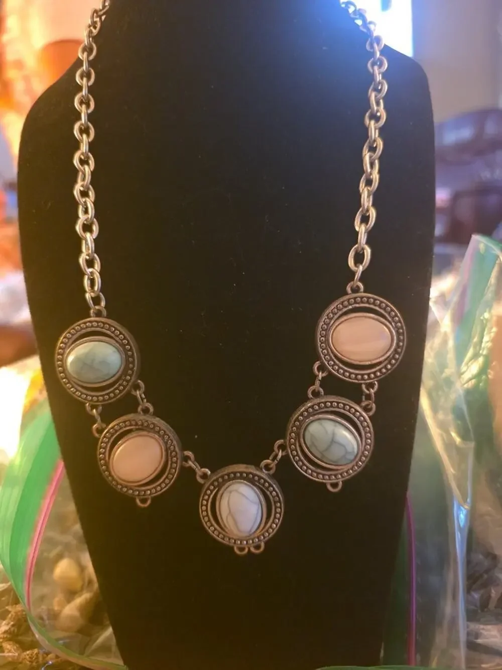 Vintage Style Chain Necklace with Faux Stone Accents E